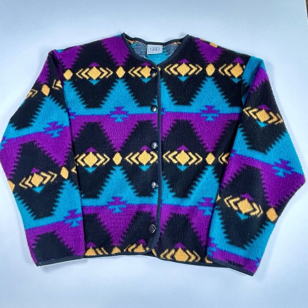 Vintage David Wayne Cardigan Women's Small/Med 80s 90s Fleece Aztec Southwestern - Picture 4 of 9